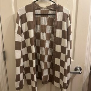 Brown and White Checkered Cardigan
